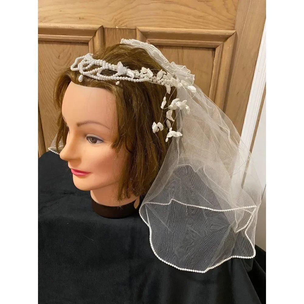 Vintage 2 Tier Viel Bridal Wedding Lace Tulle Tiered Pearls Headband